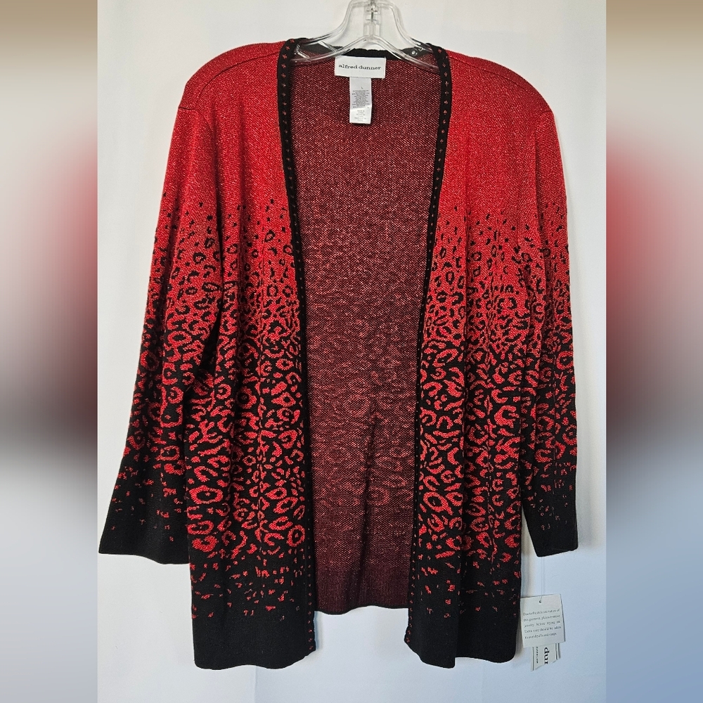 Alfred Dunner Shimmer Red‎ And Black Animal Print Cardigan NWT